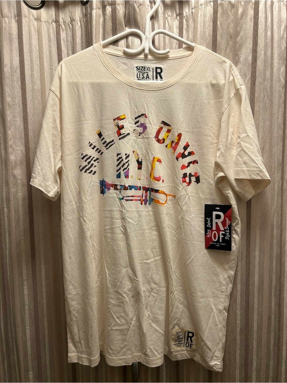 Roots of Fight Miles Davis Men's Cream Graphic Tee - Trumpet NYC Design, XL
